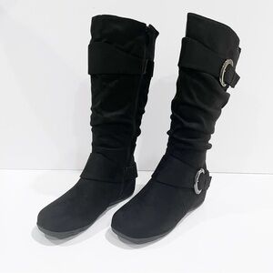 Journee Collection Jester Faux Suede Tall Boots Buckle Side Zip Black 8 NEW